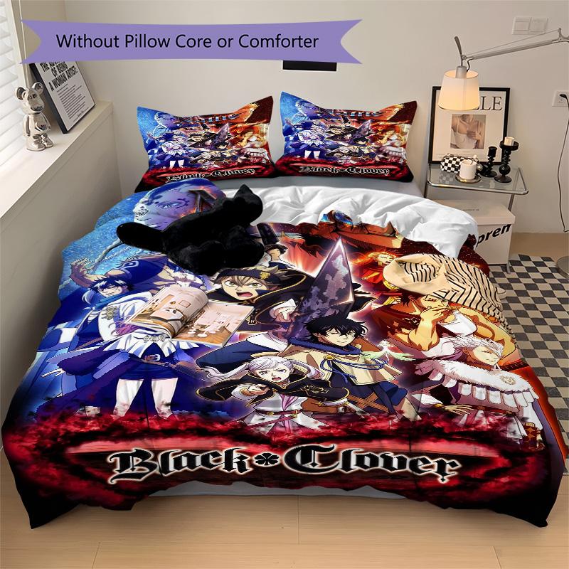 Custom Name Black Clover Bedding 3 Piece Set HD Print Duvet Cover Pillowcases for Teens Adult Bedroom Decoration Christmas Gift