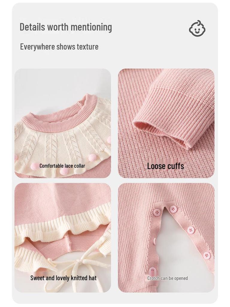 Newborn Baby Girl Knit Sweater Onesie - Autumn/Winter Princess Style Full Moon Bodysuit for 100 Days Celebration