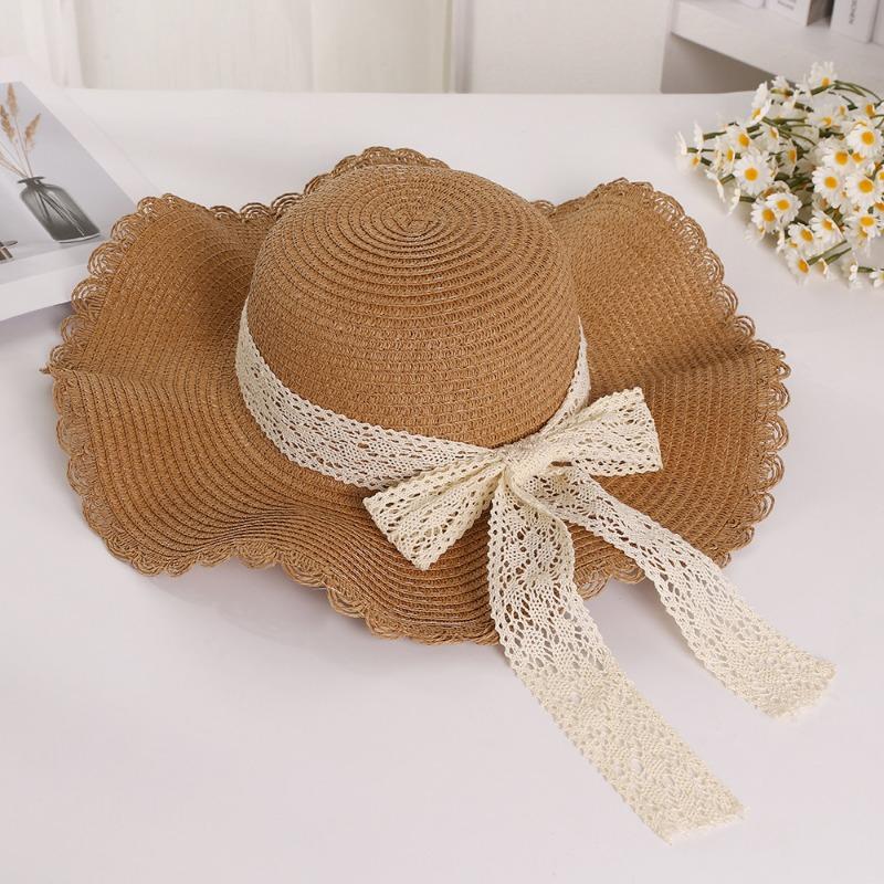 Lace bow lace straw hat fresh sunscreen sun hat women's outdoor travel show face small sun hat