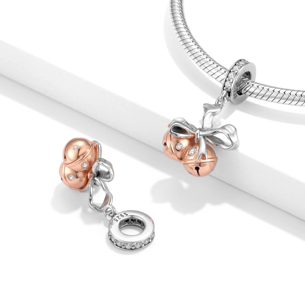 Bow Bell Charm Collezione Natalizia Braccialetto Fai da Te in Argento 925 Placcato Oro Rosa