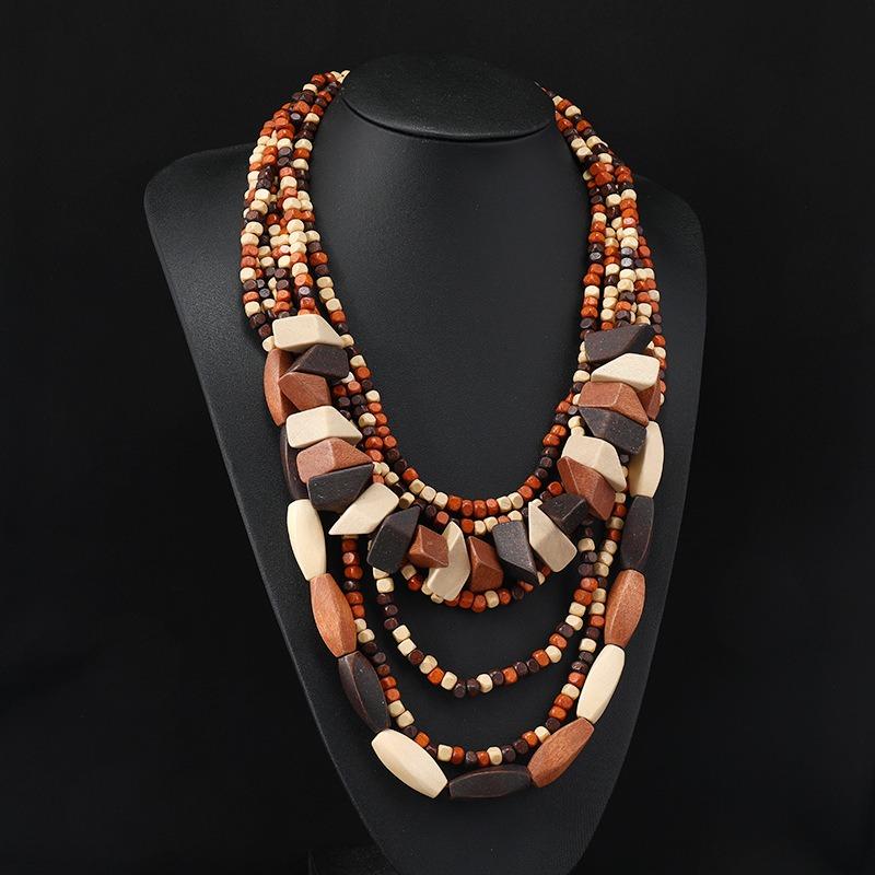 Vintage exaggerated wooden necklace Maillard vacation women's bohemian long niche sweater chain earrings
