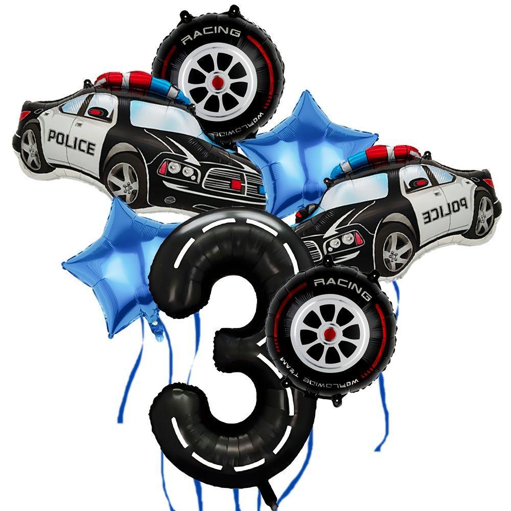 Police Car-themed Tire Digital Aluminum Film Balloon Set for Children's Birthday Party Racing Decoration