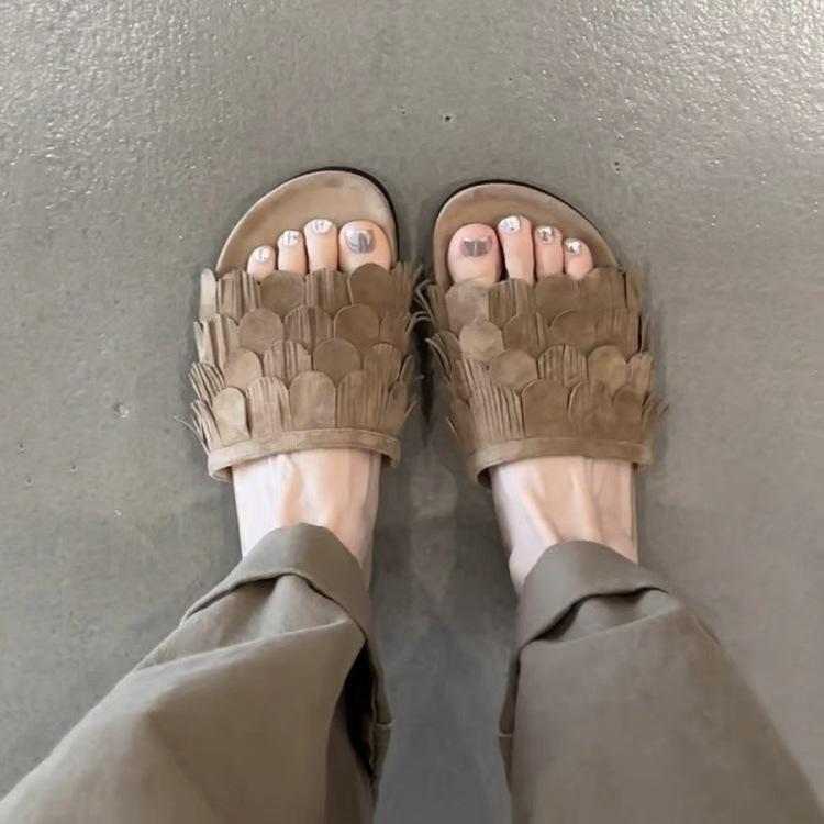 Sheepskin Version~ Old Money Style Retro Fashion Platform Beach Shoes Women's Tassel Flat Bottom Round Head Open Toe Cool Slippers