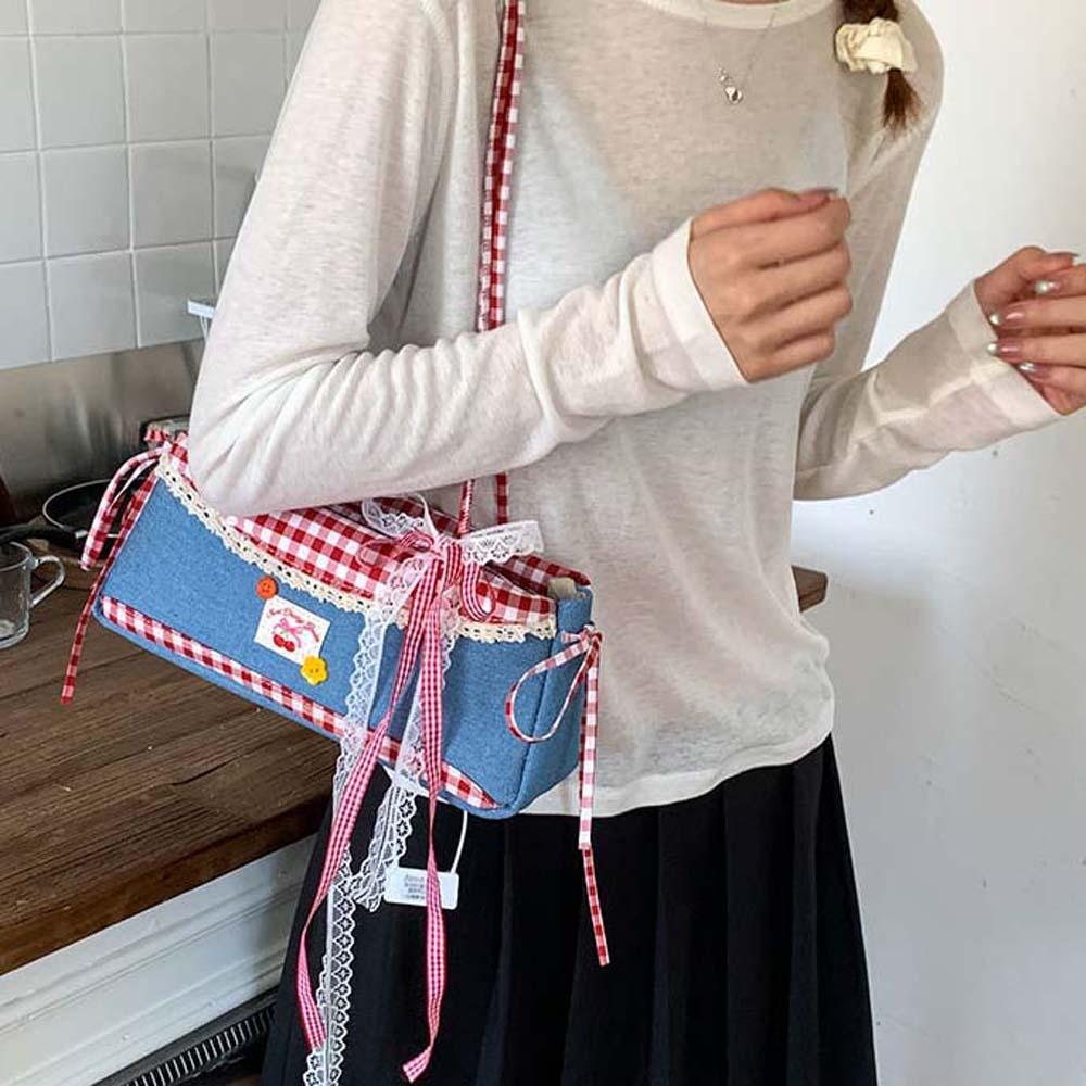 Denim Blue French Stick Handbag Sweet Cloth Underarm Bags All-match Plaid Shoulder Bag Women