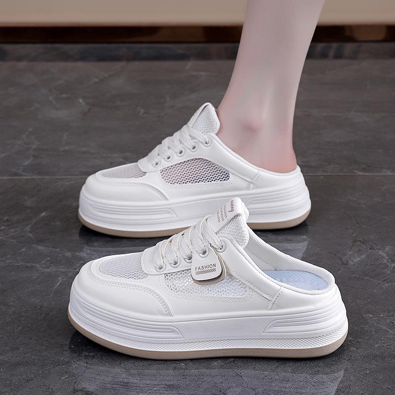 Half bag slippers can be worn outside. White shoes for women, breathable mesh, versatile, thick sole, thin, casual and comfortable women's shoes