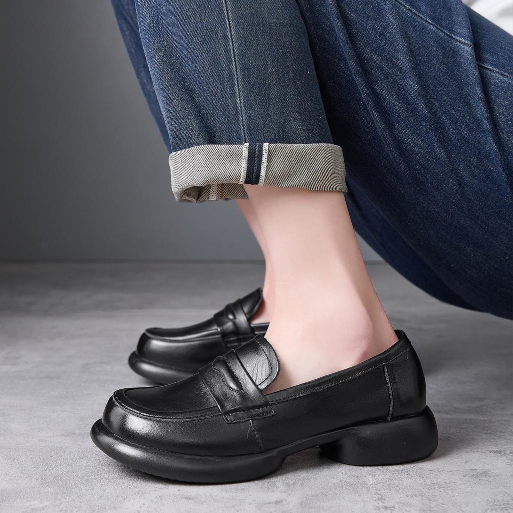 Spring new thick heel casual leather shoes women's soft surface rubber sole one pedal versatile small leather shoes women