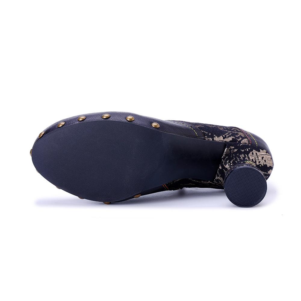 Johnature Handmade Genuine Leather Pumps Retro Patchwork Printed Rivet High Heels Women's Shoes