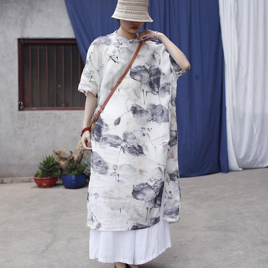 Johnature Vintage Stand Half Sleeve Dress For Women Chinese Style Print Ink Wash Painting Summer Dress