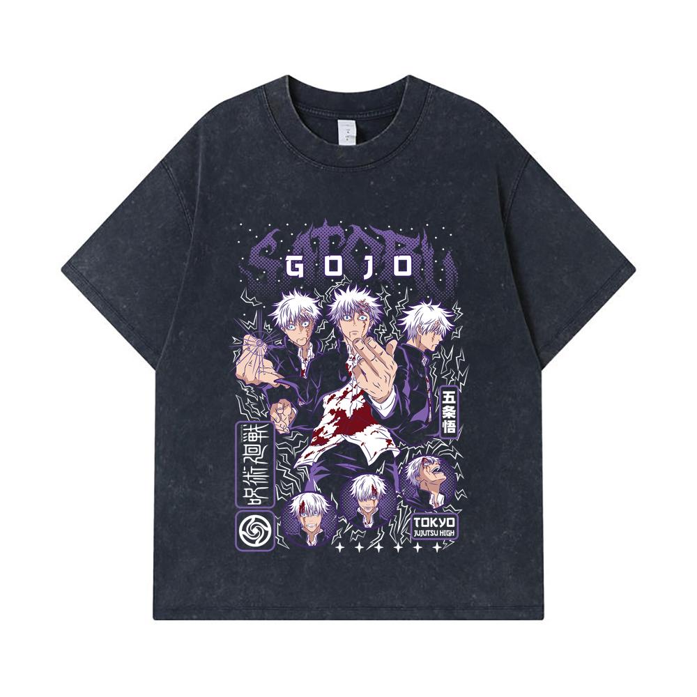 275 GSM Washed T-shirts 100% Cotton Jujutsu Kaisen V24 Gojo Print Unisex Heavy Cotton T Shirt