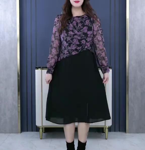 

Весеннее шифоновое платье с принтом больших размеров для женщин среднего возраста - Повседневное, драпирующееся, стильное 2XL (140-160 jin) чёрный/розовый