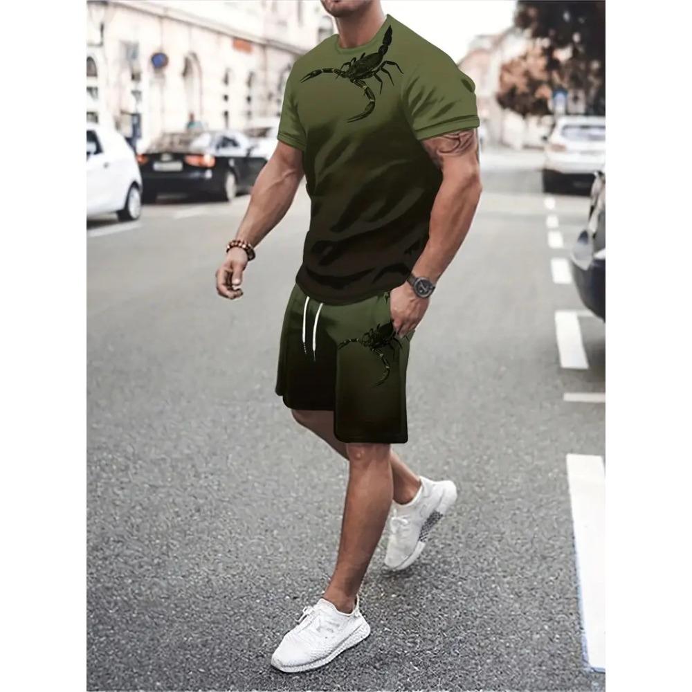 Men's Summer Sports Plus Size 2-piece Set Striped Design Loose Breathable Fashionable Colorful 3D Print Sports Wear