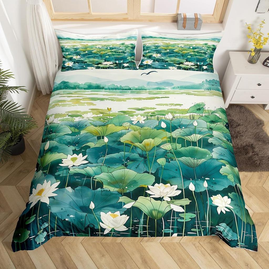 Lotus Duvet Cover, Water Lily Bedding Set, Lotus Leaf Quilt Cover, Summer Theme Print Comforter Cover For Girl Women Twin King