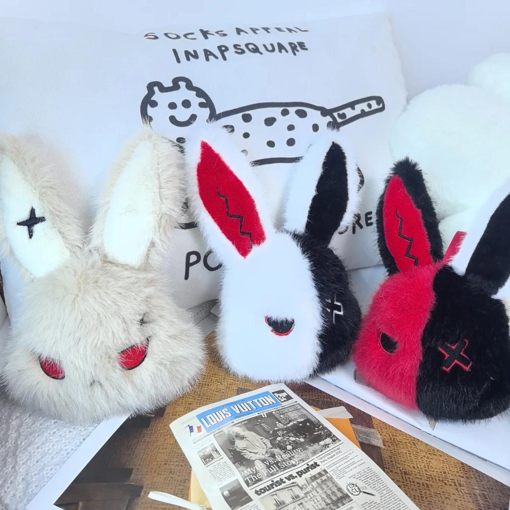 Gothic Rebel Rabbit Plush Keychain Funny Reborn Bunny Doll Cartoon Stuffed Toy PP Cotton Filled for Halloween Holiday Decor Gift