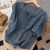 Short-sleeved T-shirt Loose V-neck Thin Solid Color Versatile Casual Thin Top Summer New Cotton and Linen Pullover T-shirt Women