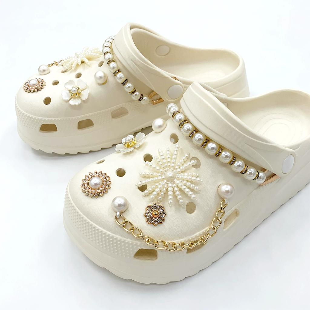 14 Pcs Set Elegant Pearls Chain Shoe Charms Accessories Women DIY Shoe Buckle Decorations for Sandals Beach Clogs Garden Shoes