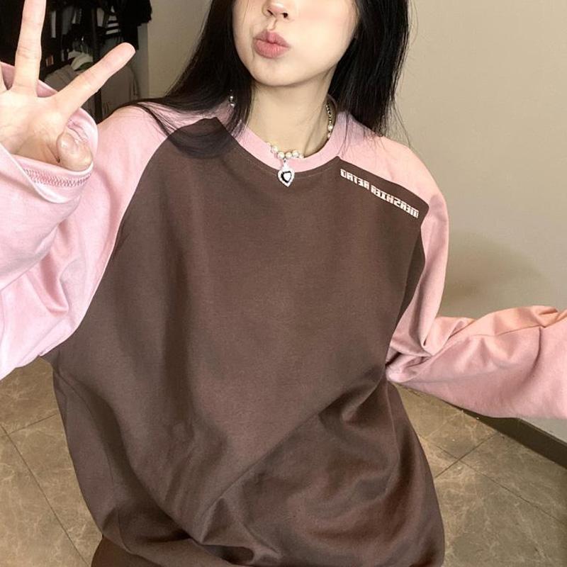 

Весенне-осенняя нишевая футболка реглан с длинным рукавом, контрастная, с круглым вырезом, свободного кроя, повседневная, оверсайз, модная, универсальная 4XL розовый