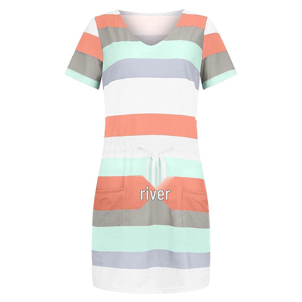2023 Summer Women's Striped Short Sleeve Dress with Drawstring Mini Skirt
