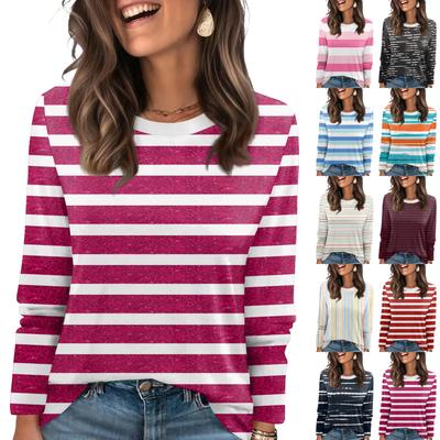 Ladies' Striped Printed Fashionable Casual Round Neck Long Sleeved Round Neck Top