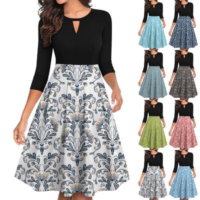 Women's Vintage Floral Printed 3/4 Sleeve Flared A-Line Swing Casual Party Dresses