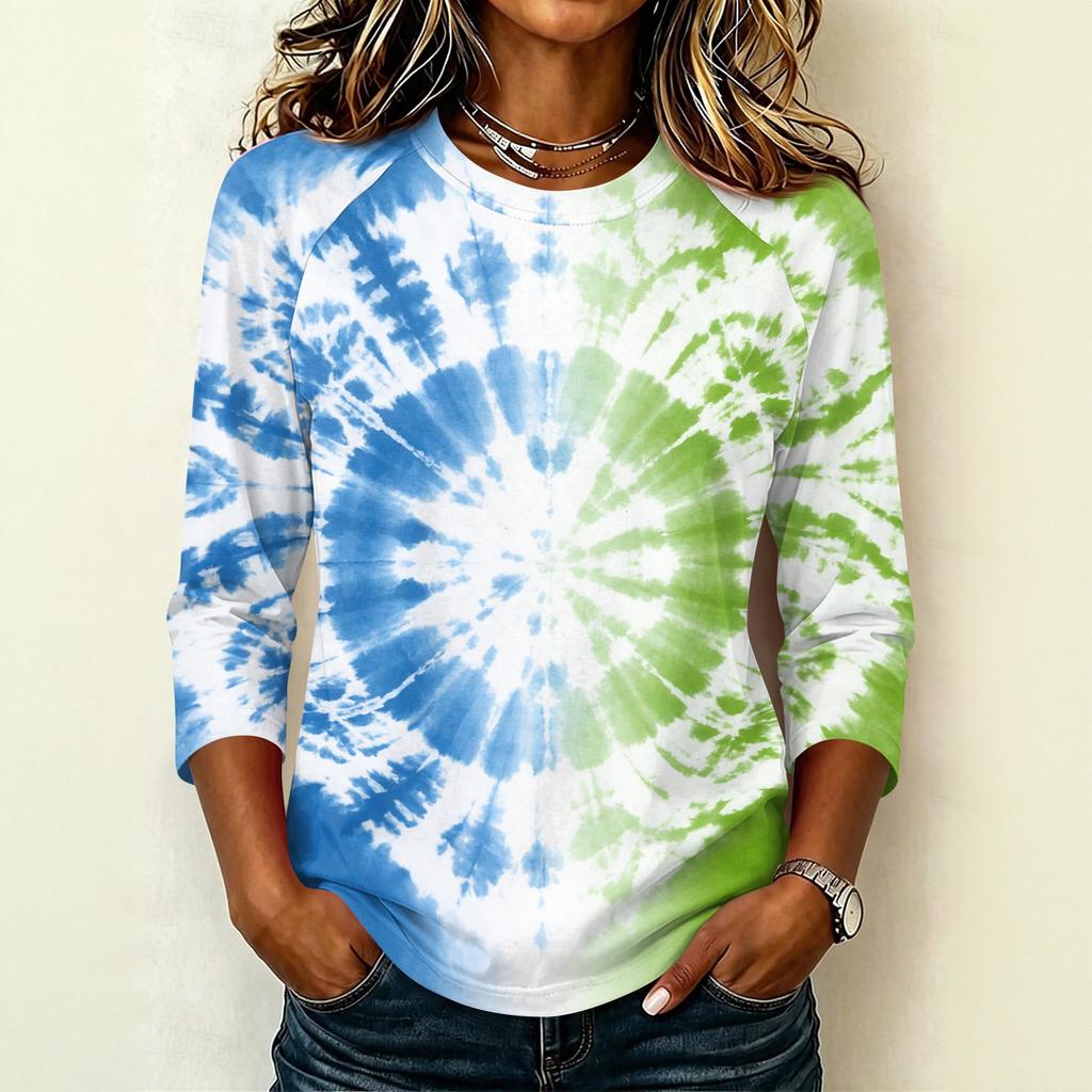 Damen Lässiger Raglanärmel Pullover T-Shirt Rundhalsausschnitt Dreiviertelarm Batik Print Oberteil für den Alltag