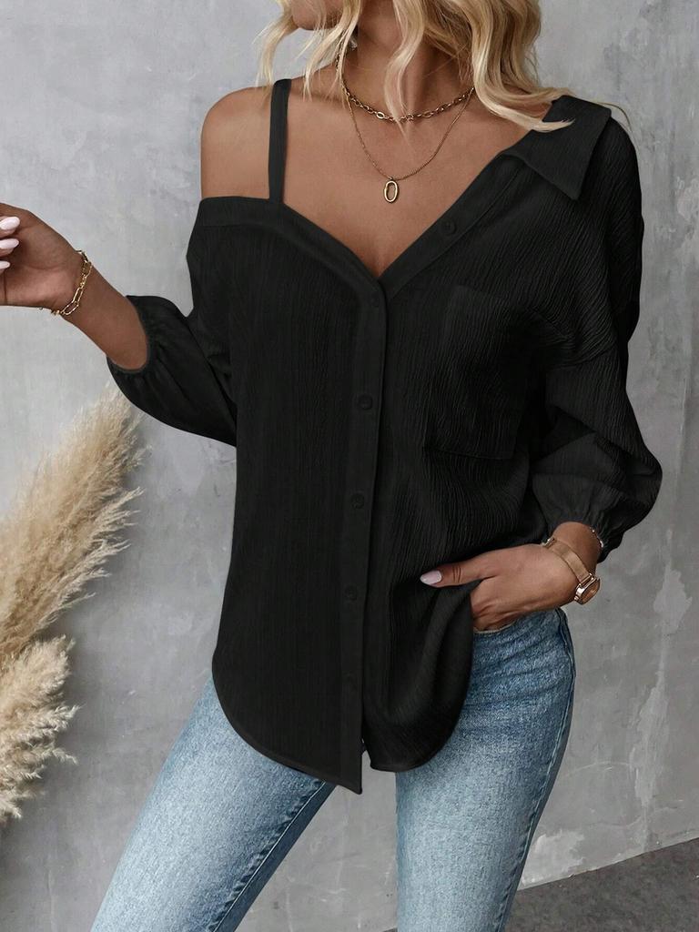 Spring Summer Open Collar 7/8 Sleeve Mesh Texture Button-Down Casual Shirt