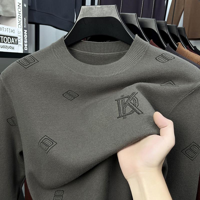 

Spring/Summer 2026 Men s Round Neck Long Sleeve Knitwear - Casual Solid Color Warm Base Layer Top XXL