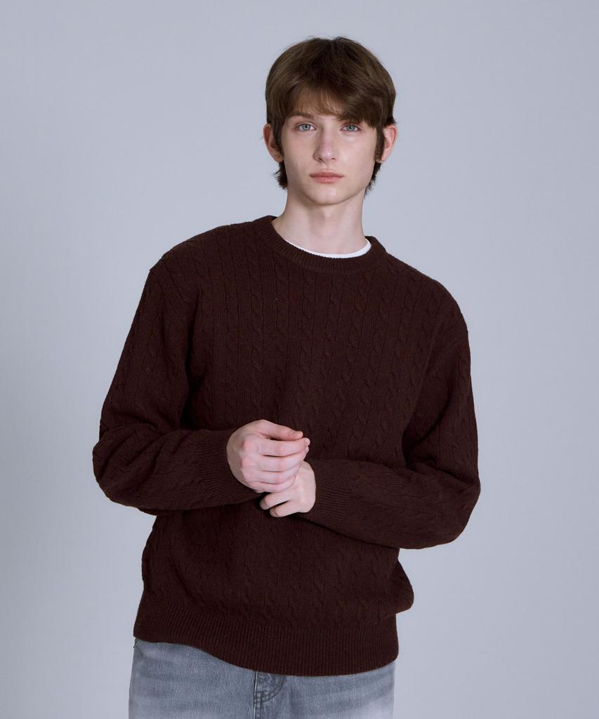 BASIC HOUSE Cable Round Neck Knit Brown Lykt7101 (A Type)