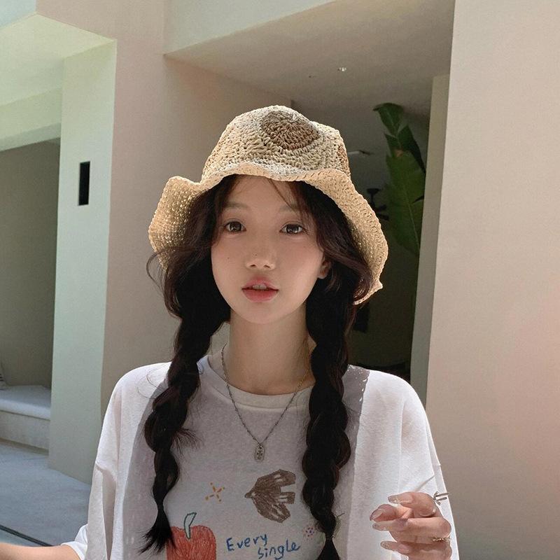 Japanese Retro Handmade Large Hat Brim Love Straw Woven Breathable Straw Hat Summer Fisherman Hat Foldable Sun Hat