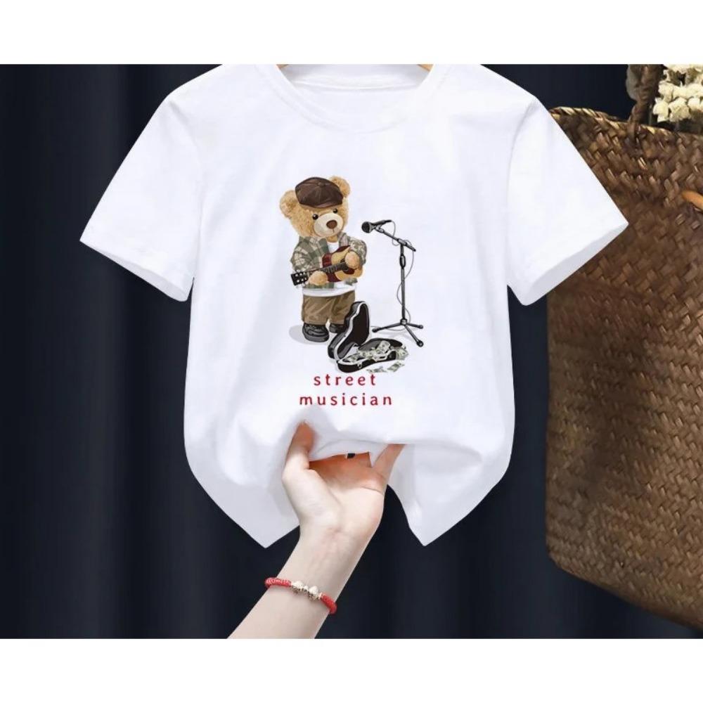 Children's Funny Bear Print T-shirt Summer Short Sleeve Cartoon Harajuku Style Girl Boy Teddy Bear T-Shirt Tops for Kids