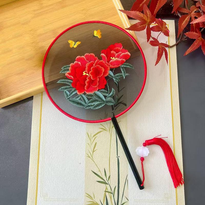 Vintage Doppelseitiger Fächer Blume Stickerei Handfächer Traditionelle Chinesische Kunst Handwerk Hanfu Tanzparty Zubehör Performance Requisiten