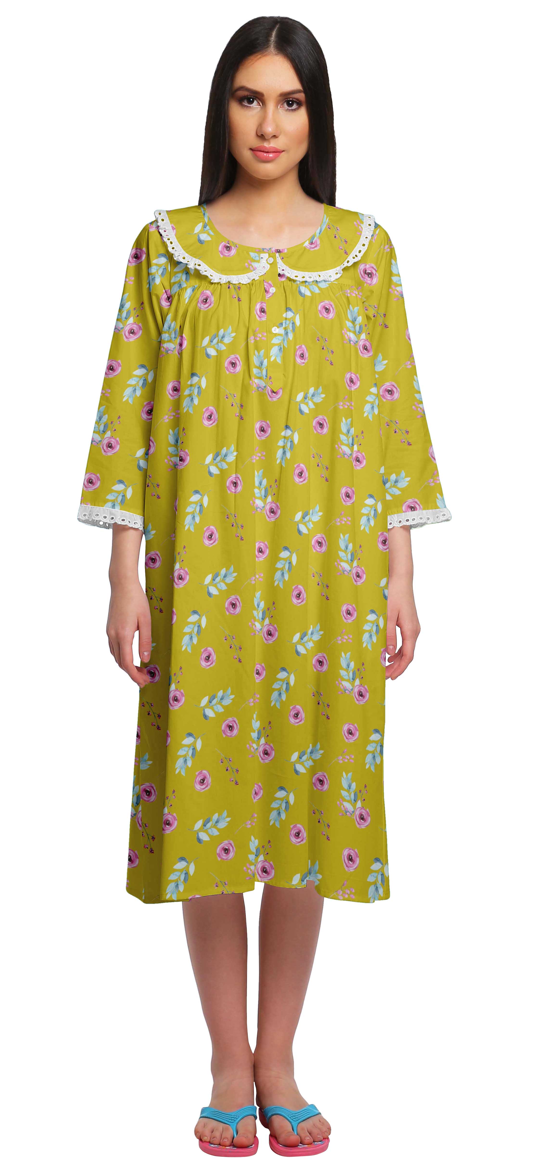 

Moomaya Womena s Printed Nightdress Knee Length Cotton Sleepwear Short Gown XS жовтий