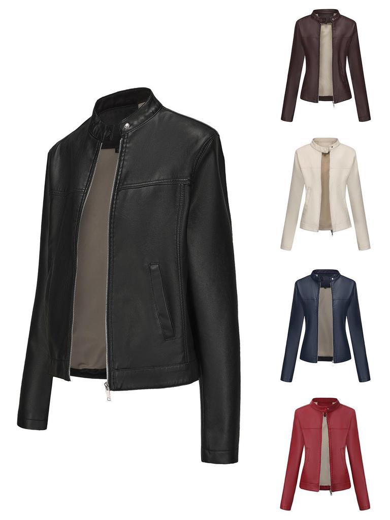 Women's Spring/Autumn Stylish Leather Jacket - European & American Stand-up Collar Biker Coat