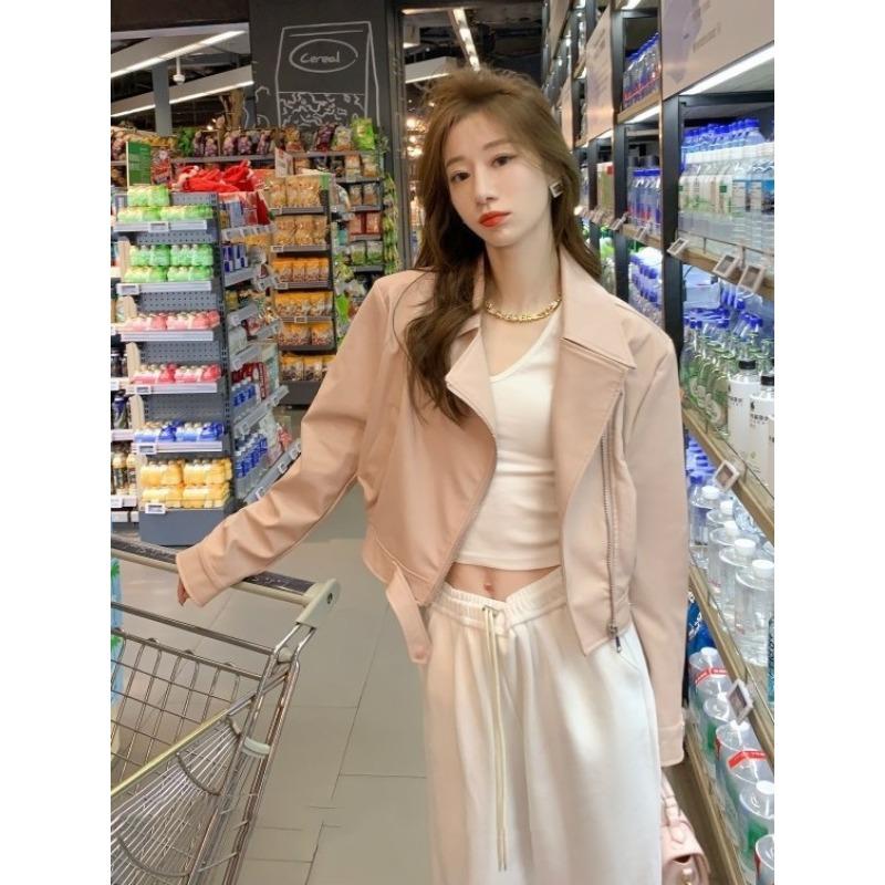 Pink Short Locomotive Leather Jacket Women's Spring and Autumn New Small Casual Fashion Pu Leather Jacket Top