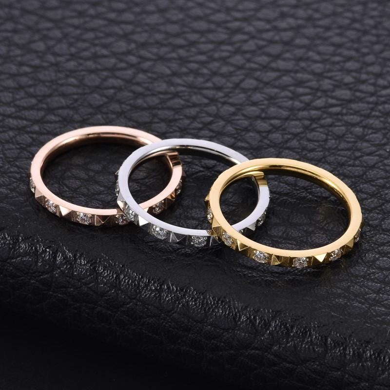 2mm Thin Stainless Steel Pyramids CZ Eternity Ring Wedding Band for Women Girl Size 5-10
