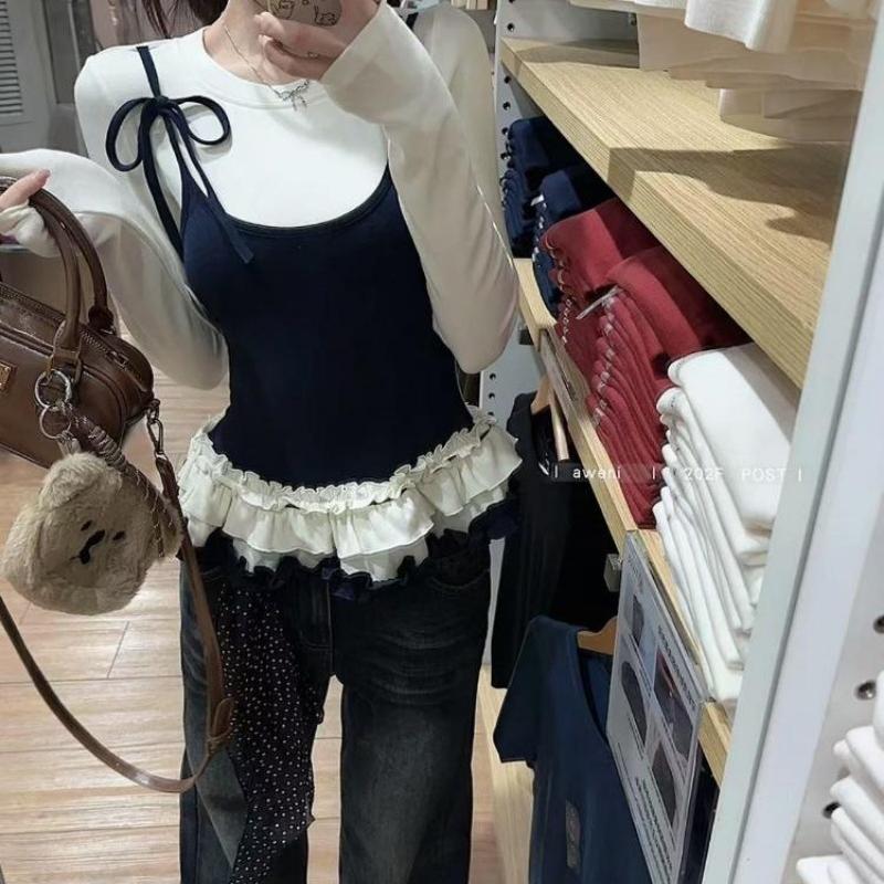 2KWEIRD Korean Woman T Shirts Fake Two Chic Tees Long Sleeve O-neck Ruffles Sweet Camisetas Bandage Casual Y2k T-shirts
