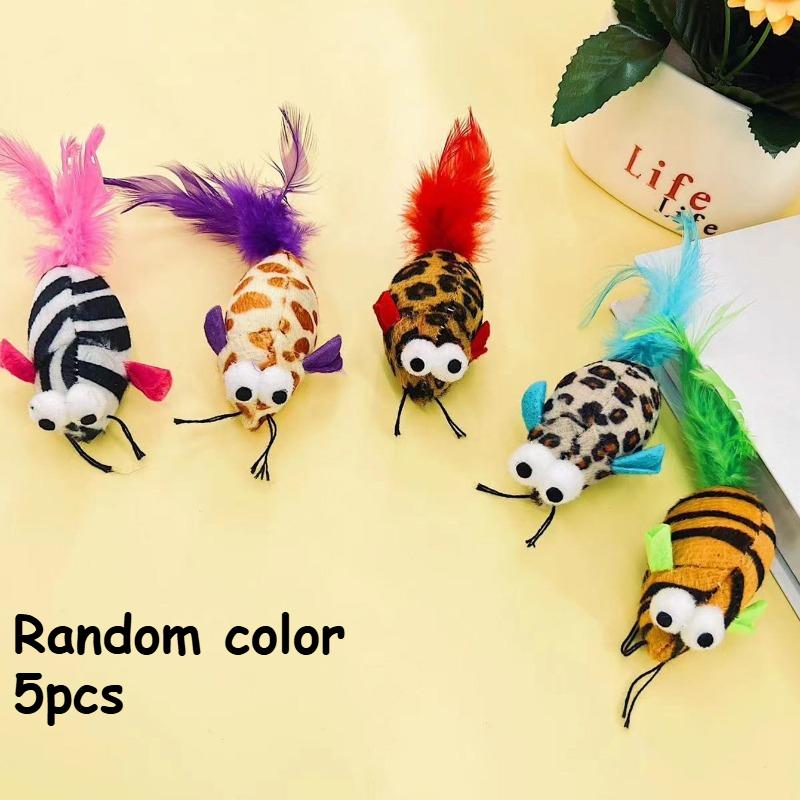 

5pcs Simulation Colored Striped Feather Tail Cat Toy, Big Eyed Mouse Plush Mouse, Pet Interactive Toy, Pet Gift, Pet Supplies