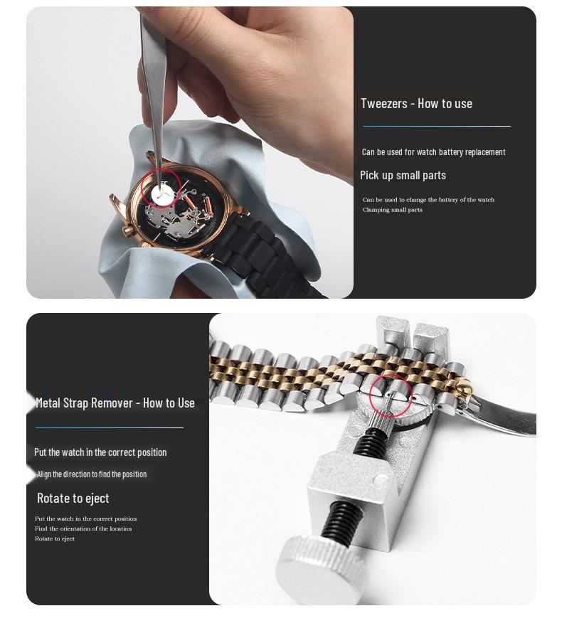 Watch Repair Tool Kit: Disassembly, Band Adjustment, Back Cover Opening, Battery Replacement