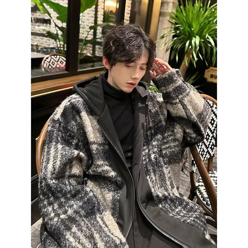 Men's Retro Plaid Patchwork Wool Hooded Jacket - Double-Sided, Thickened Outerwear for Autumn/Winter