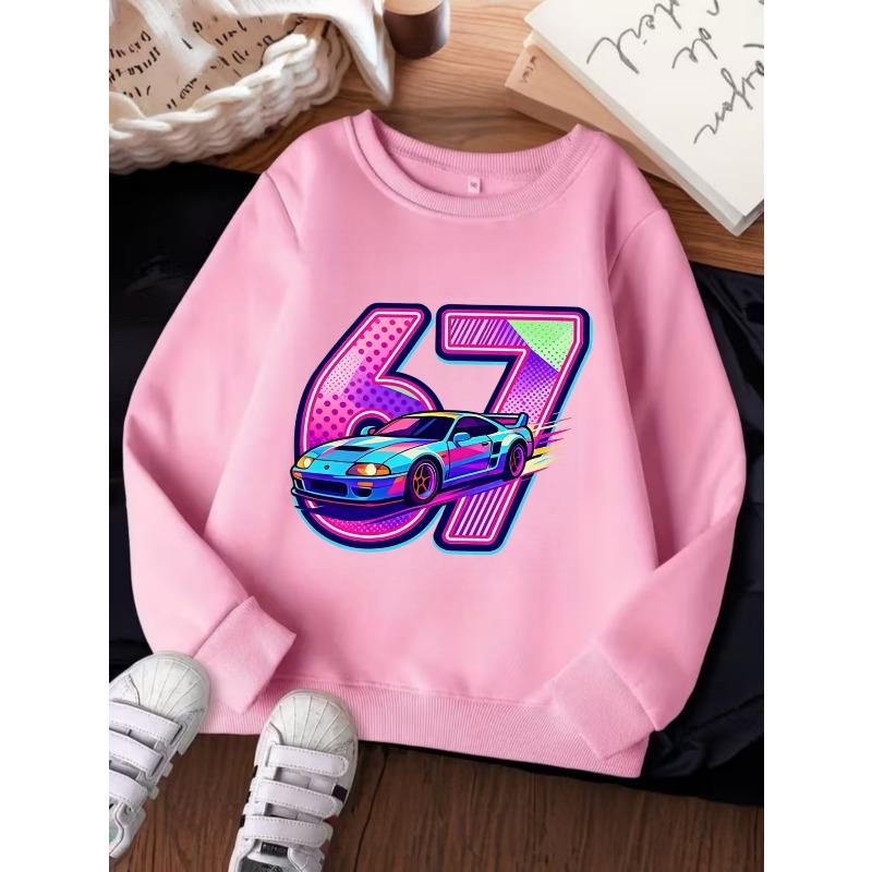 Unisex Kids Crewneck Sweatshirt For Over 4 Years Old Boys Girls Colorful Racing Sports Car Number 67 Soft Long Sleeve Pullover Top For 4-12 Children