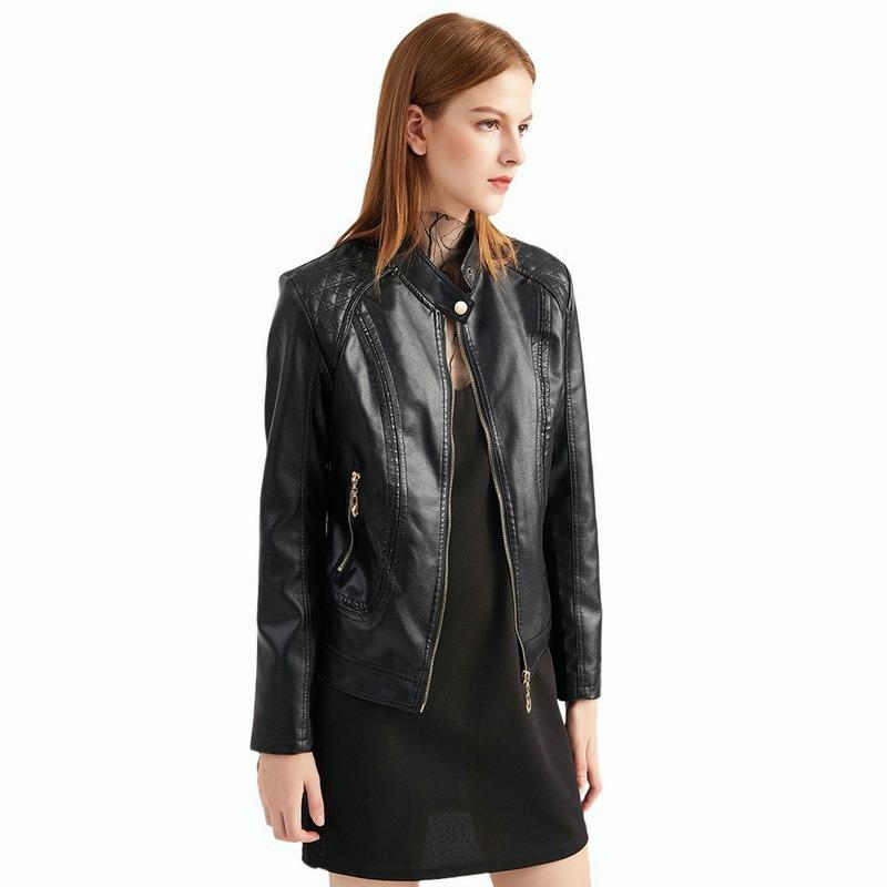 Women Faux Leather Biker Jacket Ladies Stand Collar Zip Coat Outwear
