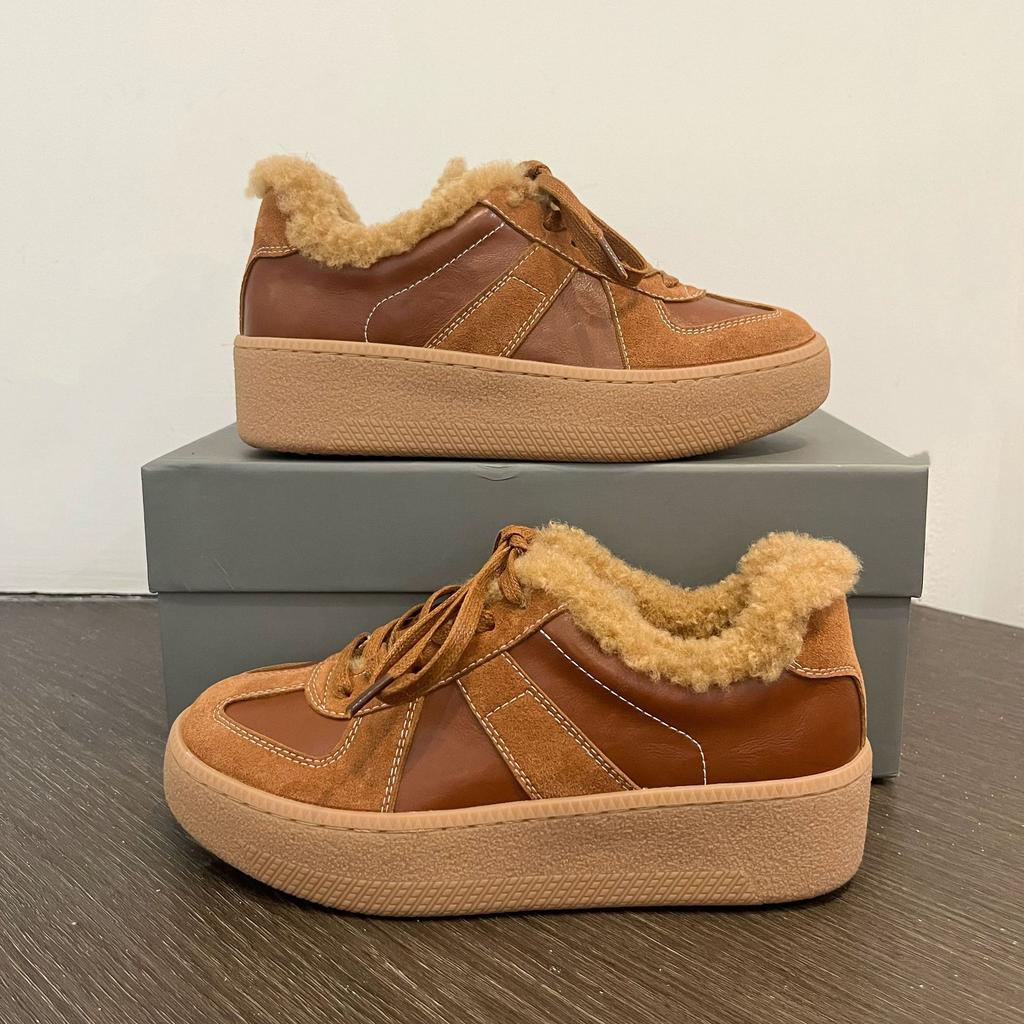 Fleece Leather German Training Shoes for Women, New Cotton Winter Wool Flat-bottomed Casual Board Shoes Forrest Gump Shoes