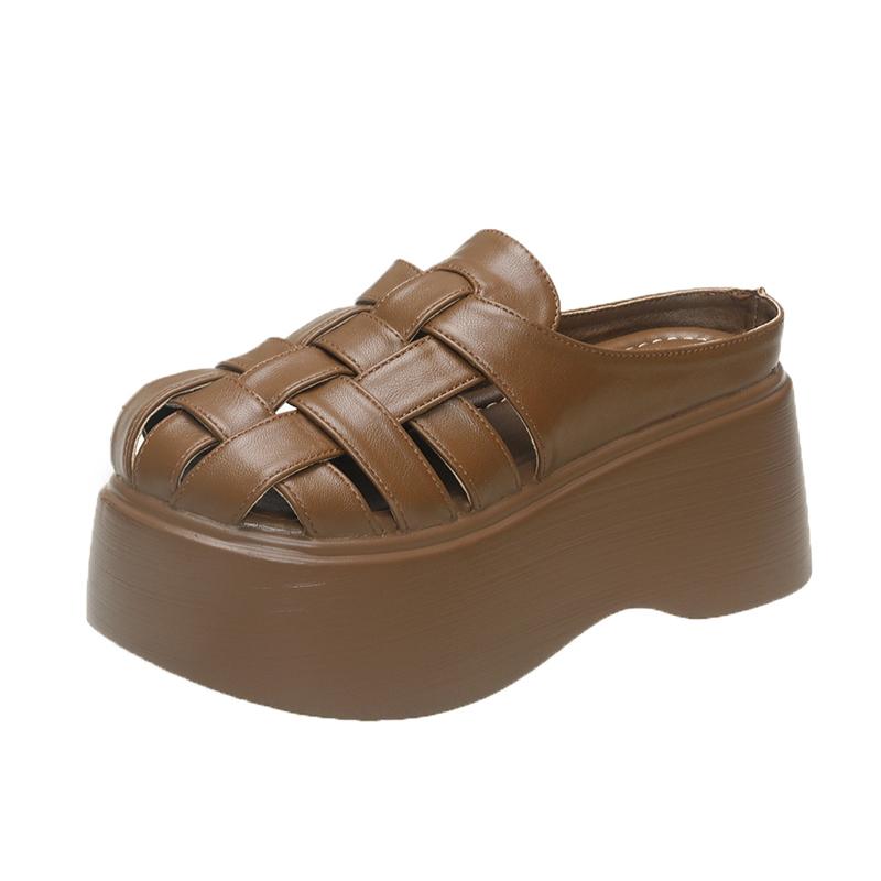 Fashion 8CM Women Leather Sandals New Ladies Shoes Woman Pumps Women Cross-strap Slides Platform Shoes Heels Slip On Round Toe Slippers