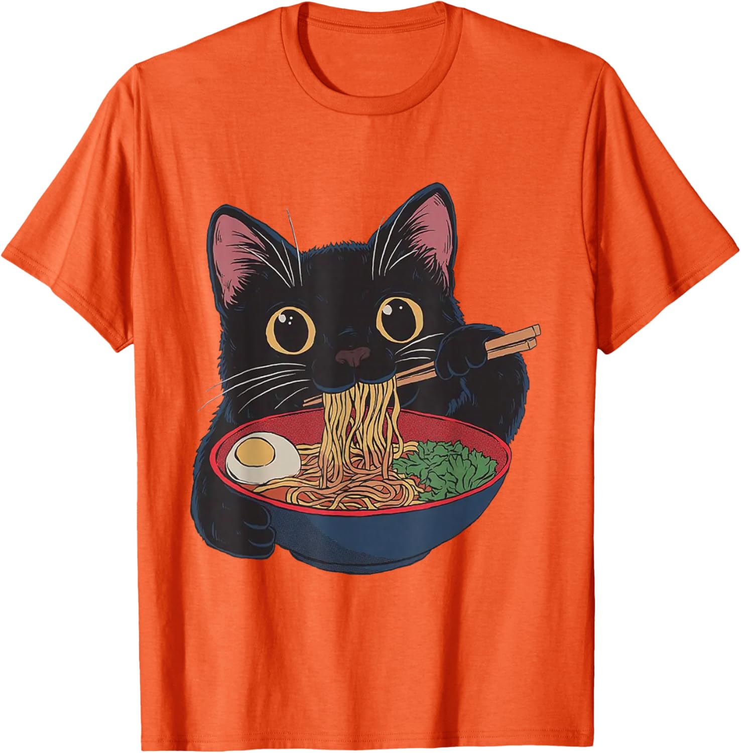 Black Cat Eating Ramen Graphic Tee Japanese Kawaii Anime Style Casual T-Shirt for Men 4XL