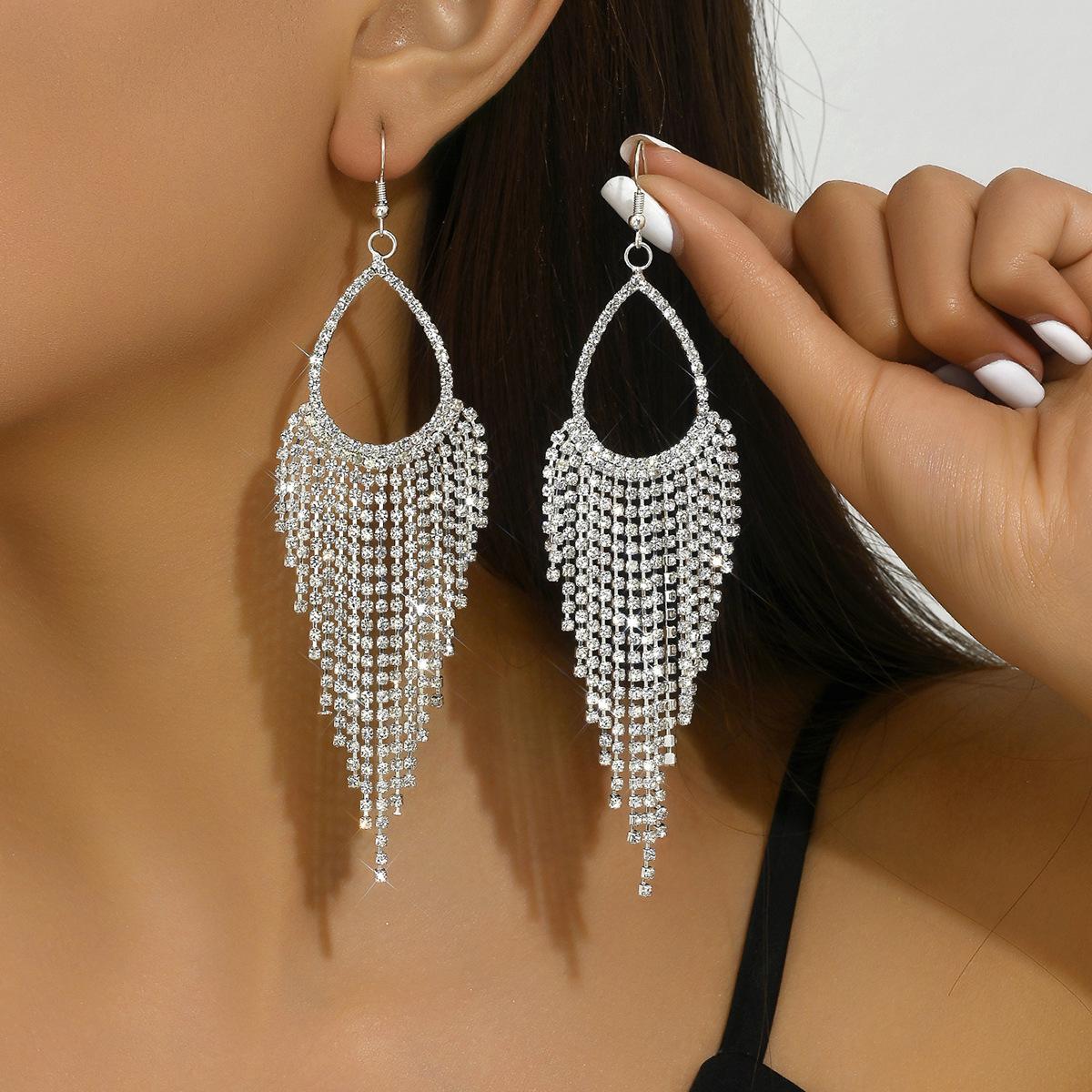 Rhinestone Tassel Earrings Fashion Trendy Girl Water Drop Earrings Light Luxury Crystal Premium Ear Jewelry