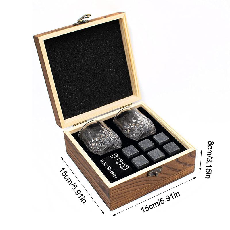 Whiskey Stones And Whiskey Glass Gift Set Of 4, For Men | Father's Day, 6 Granite Whiskey Stones, 2 Whiskey Glasses,1 Wooden Box