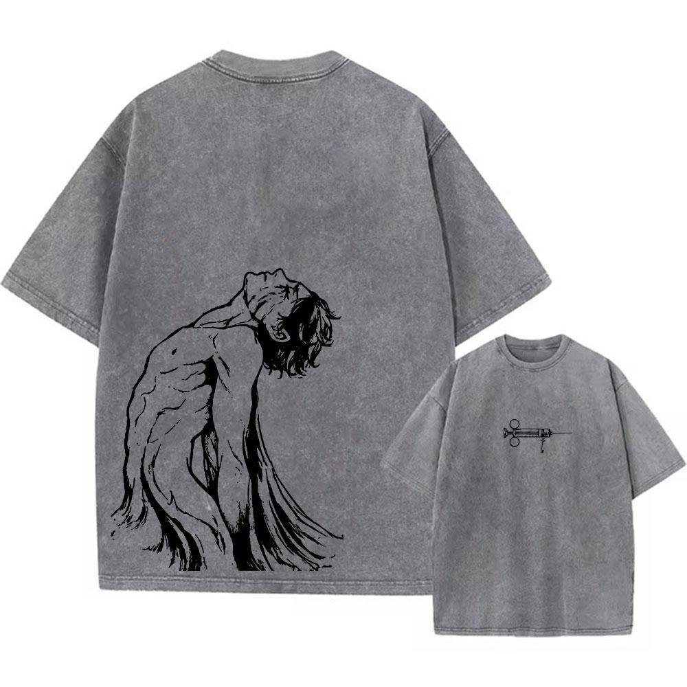 Colored Washed T-shirt Printed Retro Harajuku Top with Anime Attack Titan Graphics Neutral Summer Cotton Loose