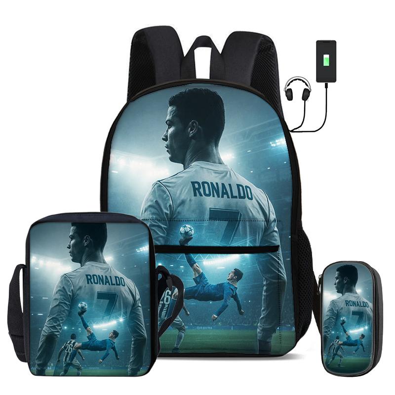 Ronaldo 3 Pcs Set School Bags Backpack with USB Interface CR Football Star Shoulder Bag Football Sports Pencil Bag Kids Rucksack