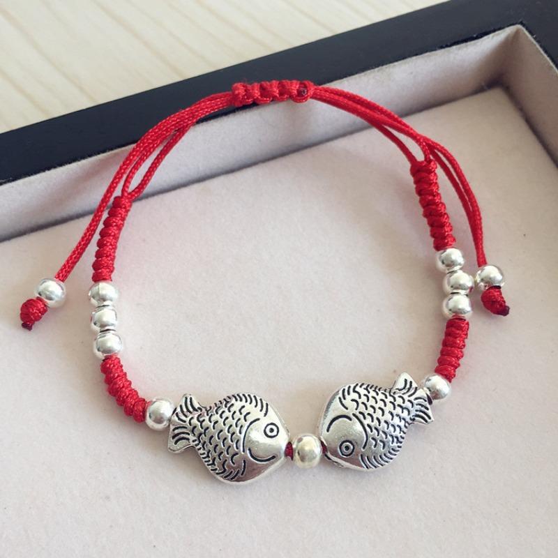Retro red rope bracelet, small fresh couple bell, long life lock, safe anklet, handmade hidden silver jewelry.