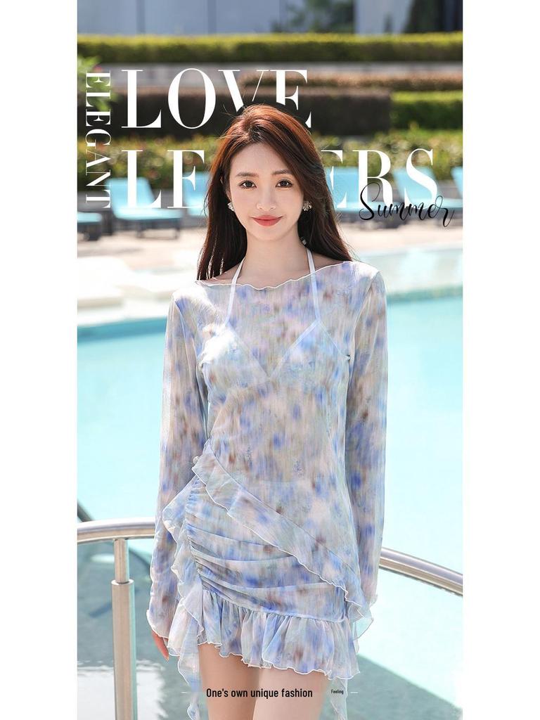 Women's 2025 Split Printed Swimsuit: Tummy Control Slimming Bikini with Hip Wrap Skirt - Four-Piece Set for Hot Spring Resort.