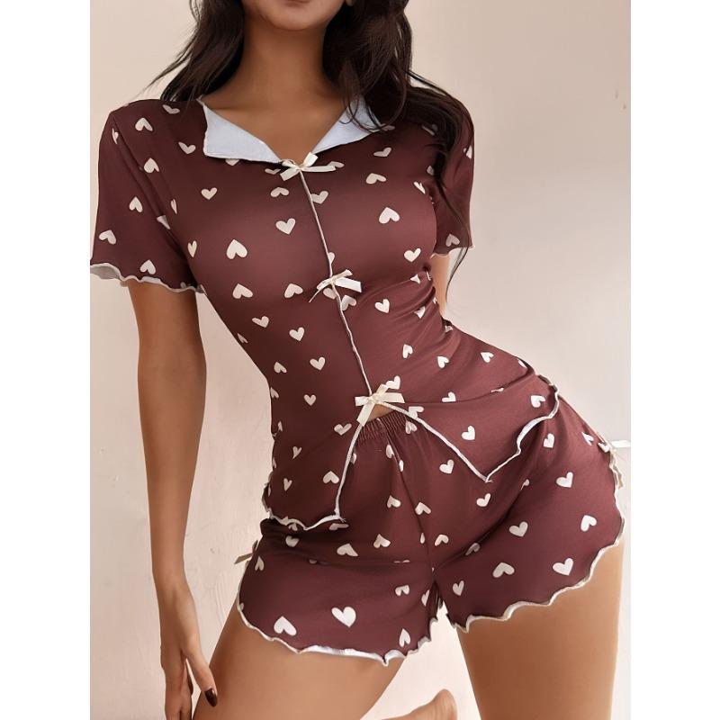 Women Heart Print Turn Down Collar Short Sleeve Shorts Pajama Loungewear Set